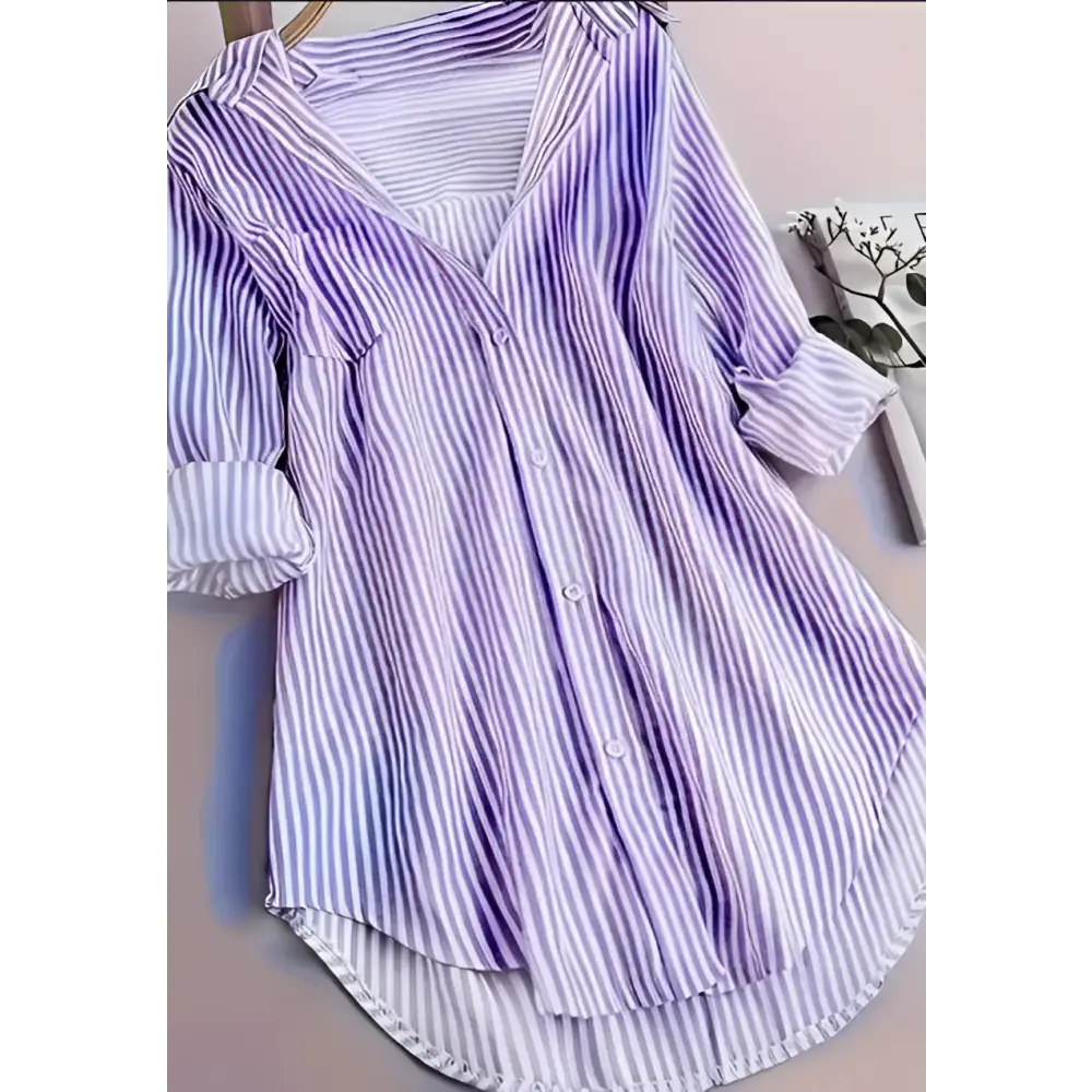 Purple stripe casual long sleeve blouse with button front and vertical stripe print in loose-fitting design