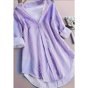 Purple stripe casual long sleeve blouse with button front and vertical stripe print in loose-fitting design