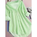 A light green and white vertically striped long sleeve blouse with rolled sleeves in a purple stripe casual style