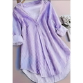 Purple stripe casual long sleeve blouse with white vertical stripe print button design and rolled sleeves