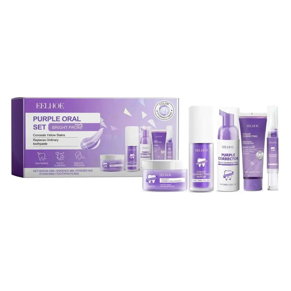 Purple eelhoe oral care set with sleek modern design featuring purple toned teeth whitening products in matching packaging