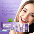 Purple toned teeth set featuring sleek modern design teeth whitening and color-correcting oral care products in purple