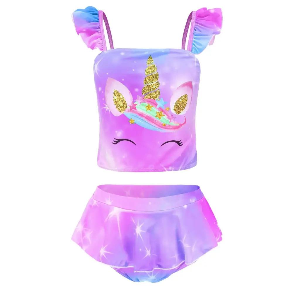 Purple unicorn mermaid bikinis tankini swimsuit with pink gradient and glittery gold ears horn and stars design