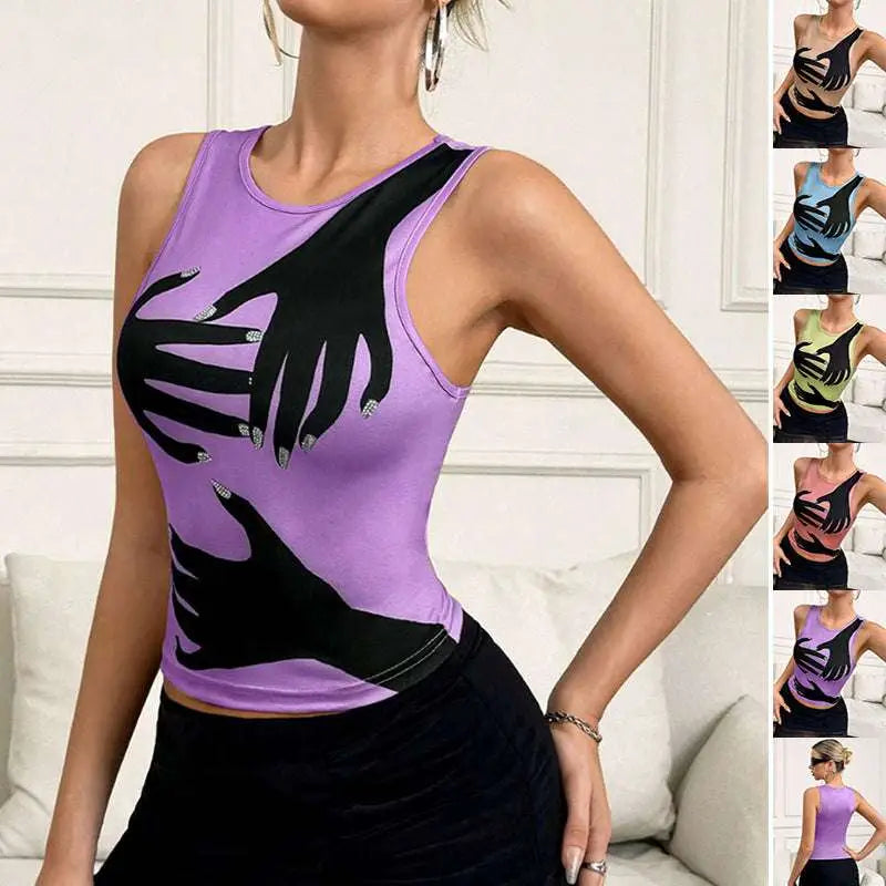 Purple y2k printed tank vest featuring a bold black hand graphic on a sleeveless top perfect for casual wear