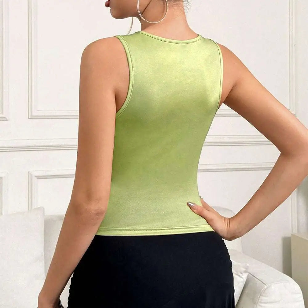 A sleek lime green sleeveless top with smooth shiny fabric and fitted silhouette complementing purple y2k printed tank hand graphic