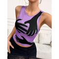 Purple y2k printed tank sleeveless crop top featuring a black hand graphic with rhinestone-embellished nails