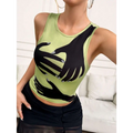 A lime green cropped y2k printed tank with a bold black hand graphic and sparkling nail accents