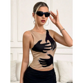 Beige mesh y2k printed tank vest featuring a bold black hand graphic with silver nail accents and purple details