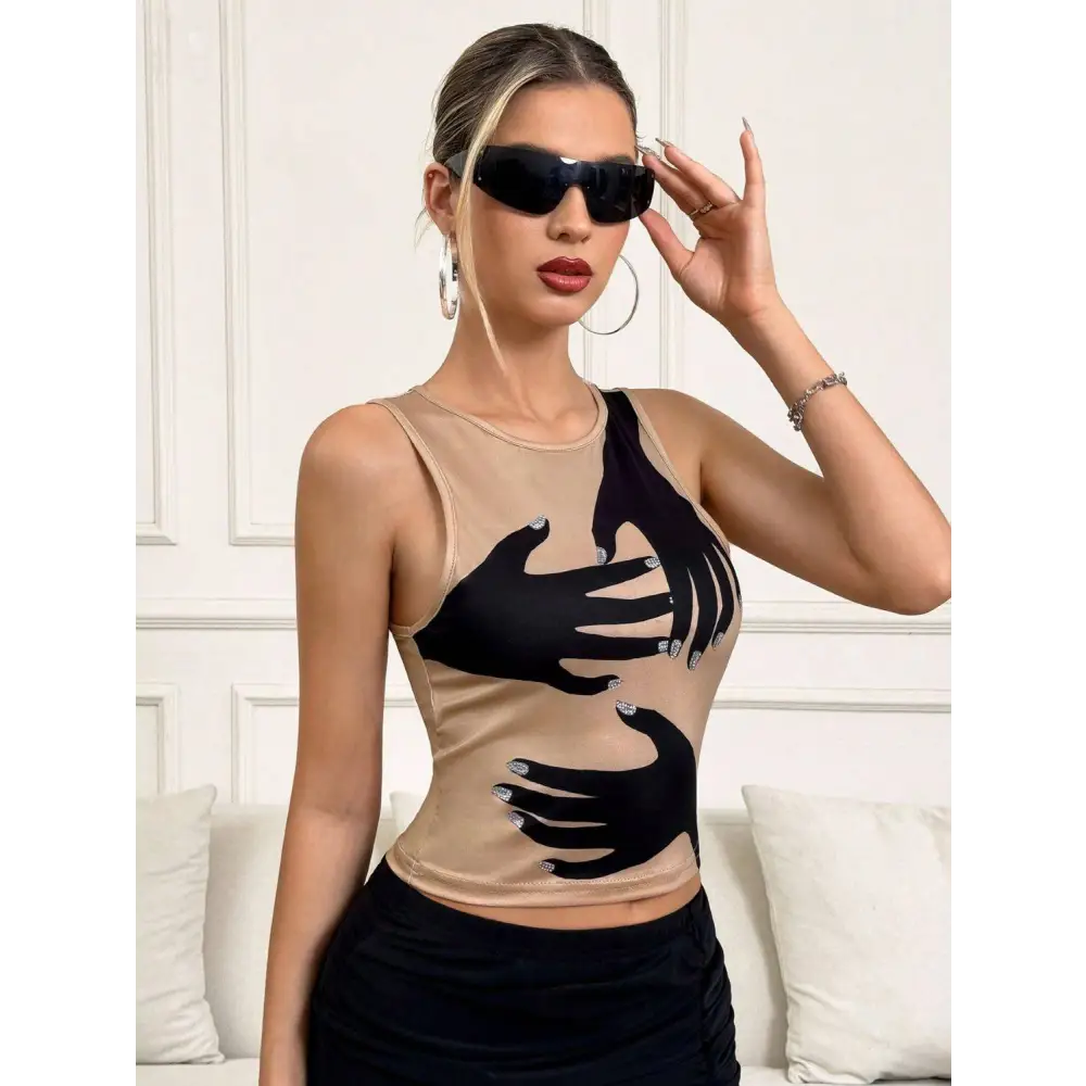 Beige mesh y2k printed tank vest featuring a bold black hand graphic with silver nail accents and purple details