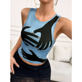 Light blue sleeveless crop top with black hand graphic and rhinestone nails in purple y2k printed tank style
