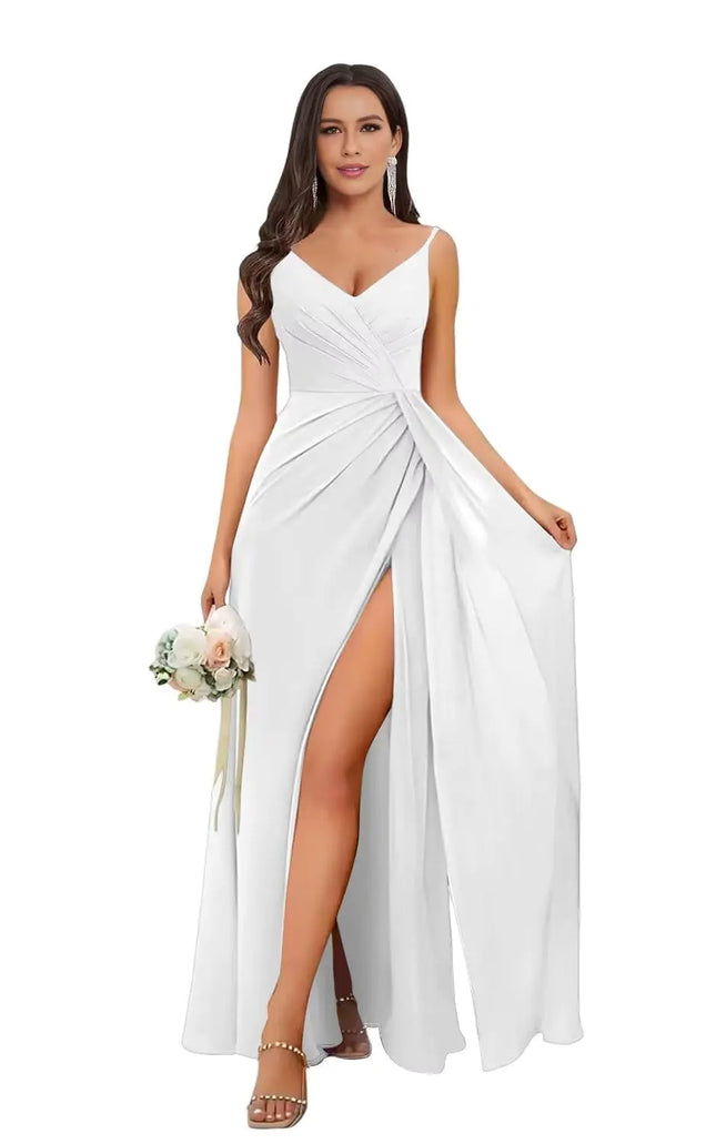 XIUMAO Womens Plus Size Chiffon Bridesmaid Dress Long with Slit Sleeveless V Neck White Mermaid Bridesmaid Dresses for Women 18W