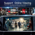 Qualcomm Android wireless car ai box showing car infotainment screen with movie content and YouTube TV Netflix logos