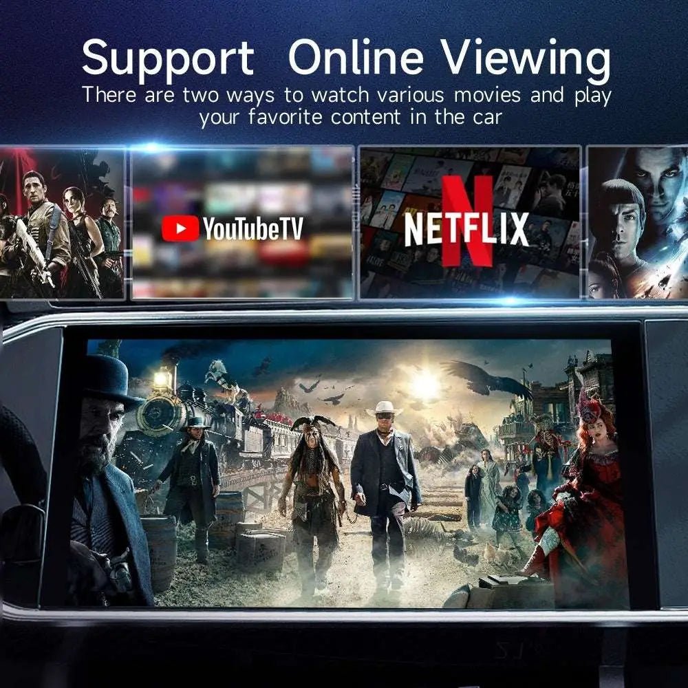 Qualcomm Android wireless car ai box showing car infotainment screen with movie content and YouTube TV Netflix logos