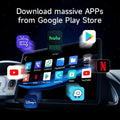 Black touchscreen qualcomm android wireless car ai box displaying app icons including youtube netflix and google play store