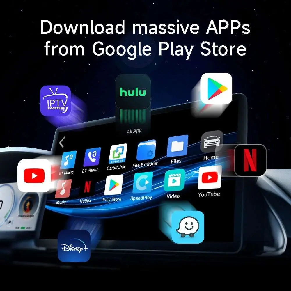 Black touchscreen qualcomm android wireless car ai box displaying app icons including youtube netflix and google play store