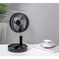 Black portable telescopic folding fan with circular grille and sleek modern design on slender stand for quiet use