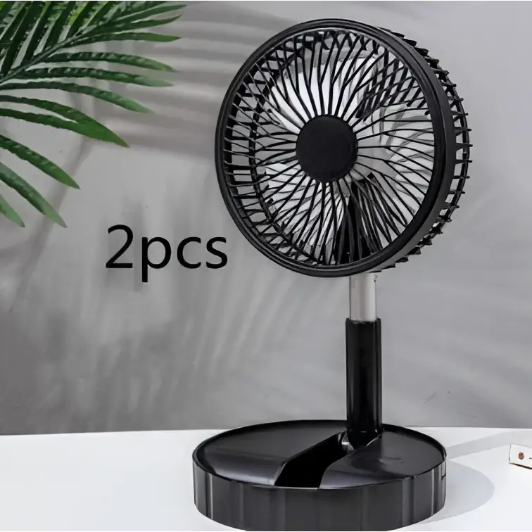 Black portable telescopic folding fan with circular grille and adjustable stand in sleek modern design