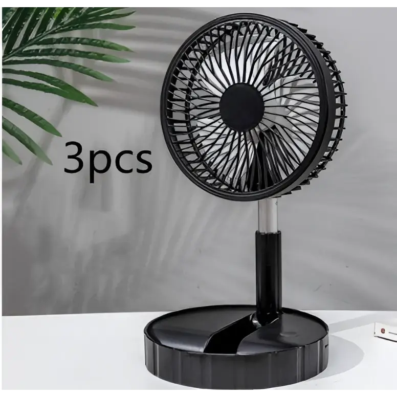Black portable telescopic folding fan with circular grille and slender stand featuring sleek modern design