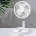 White portable telescopic folding fan with sleek modern design and circular grille featuring radial spokes