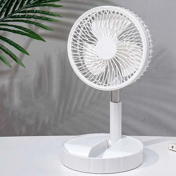 White portable telescopic folding fan with sleek modern design and circular grille featuring radial spokes