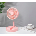 Pink portable telescopic folding fan with sleek modern design features a circular head and slender stand for quiet use