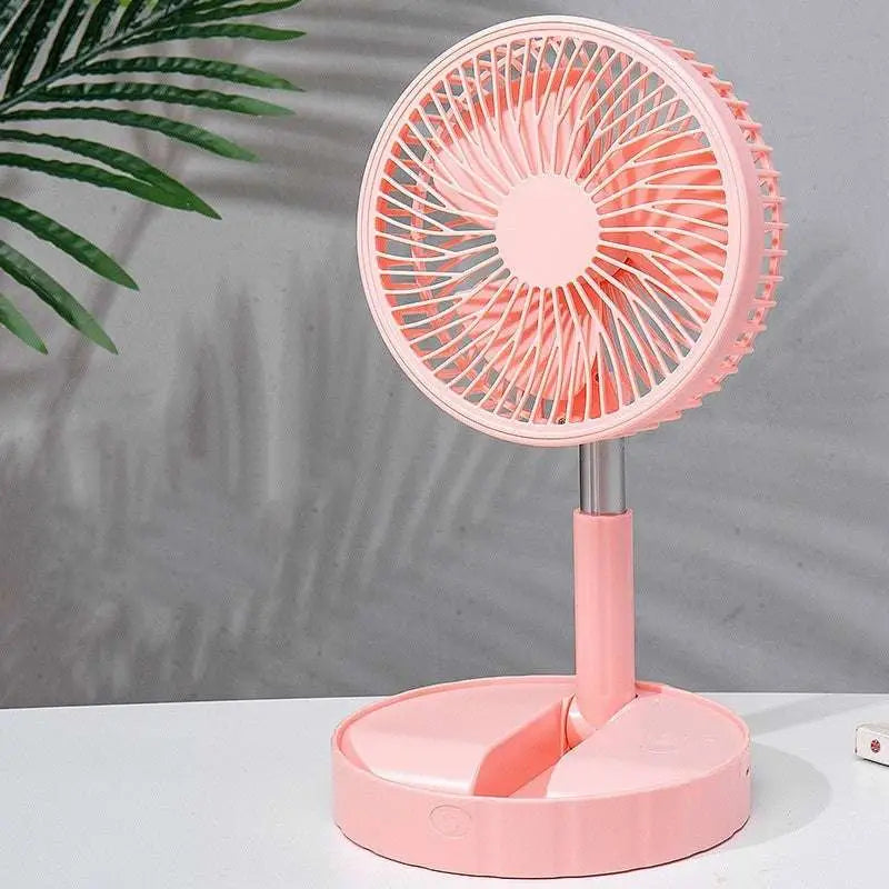 Pink quiet portable telescopic folding fan with circular grille and adjustable stand in sleek modern design