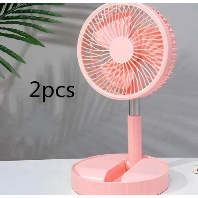 Pink quiet portable telescopic folding fan with circular grille and sleek modern design on slender stand