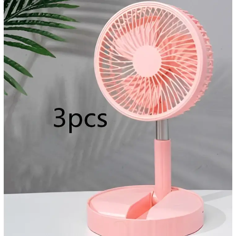 Pink portable telescopic folding fan with sleek modern design circular blade and slender stand for quiet use