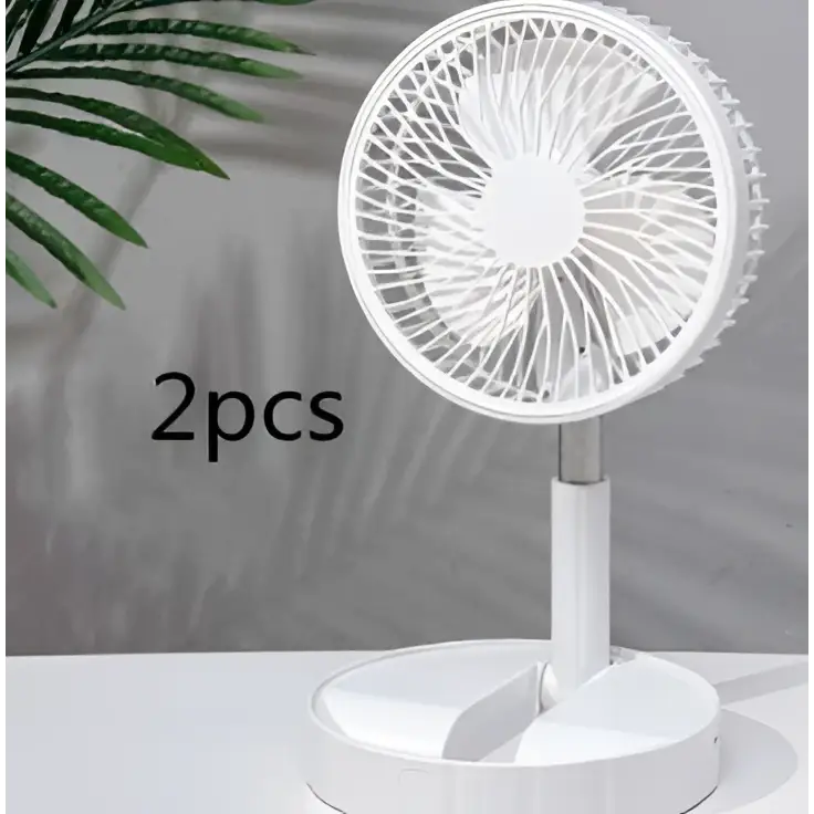 White plastic portable telescopic folding fan with circular grille and sleek modern design on slender stand