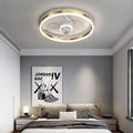 Quiet simple modern circular ceiling fan with integrated led lighting gold accents and transparent motor housing