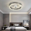 Modern circular ceiling fan with a quiet simple modern design featuring a sleek chrome and crystal-encrusted ring
