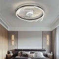 Quiet simple modern nordic circular ceiling fan lamp with integrated led lighting and sleek black frame with white light patterns