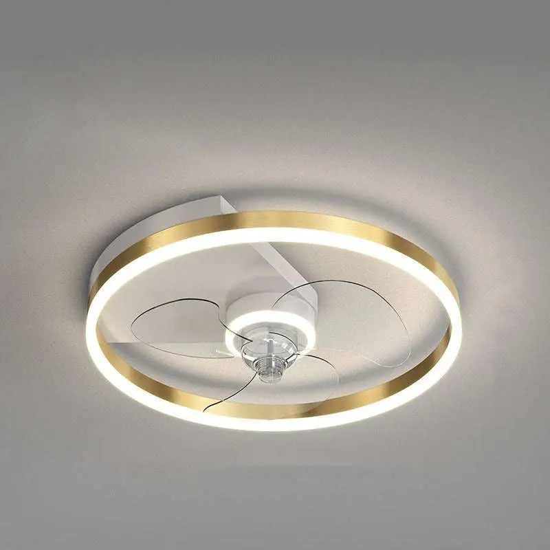 Quiet simple modern nordic circular ceiling fan lamp with integrated led lighting in white and gold finish