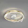 Quiet simple modern nordic circular ceiling fan with integrated led lighting gold-toned frame and white wave glass panels