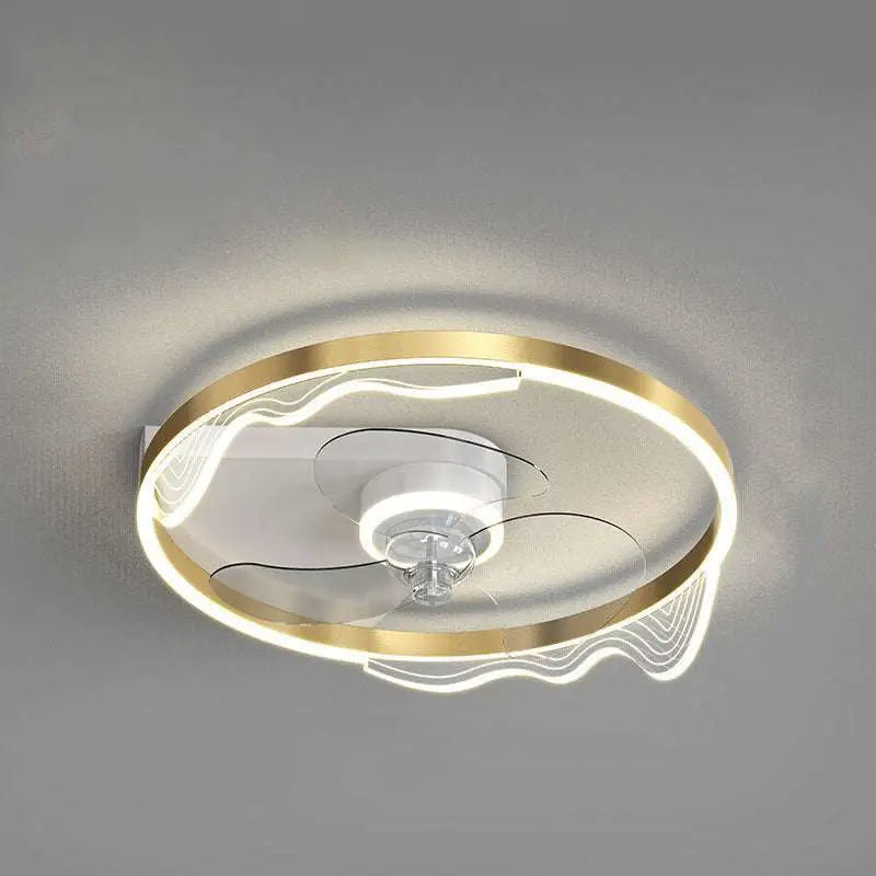 Quiet simple modern nordic circular ceiling fan with integrated led lighting gold-toned frame and white wave glass panels
