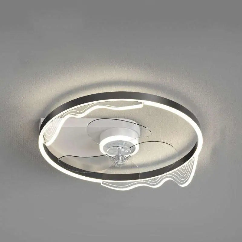 Modern circular ceiling fan with sleek black frame and glowing white led rings in a simple modern nordic design