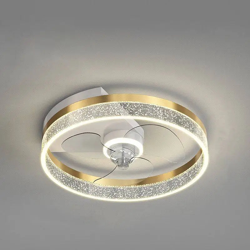 Quiet simple modern nordic circular ceiling fan lamp with integrated led lighting in gold and white tones