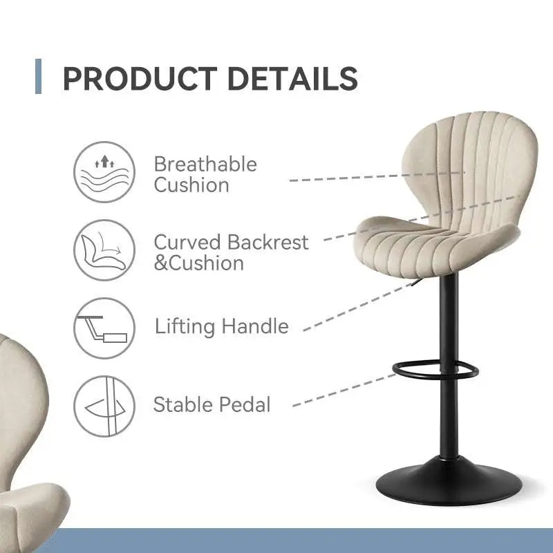 Quilted cream velvet upholstered bar stool with curved backrest cushion and black metal pedestal for luxury women’s fashion seating