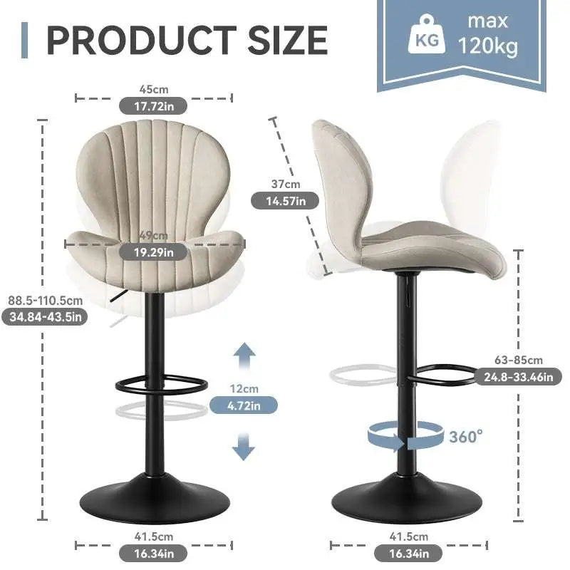 Beige upholstered bar stool with quilted cream velvet fabric and black metal adjustable base for luxury women’s fashion settings