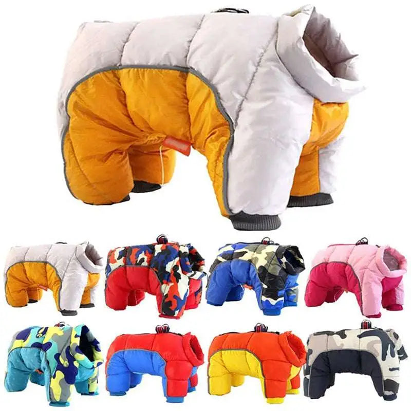A cozy quilted pet dog winter coat in white and orange designed for cold weather protection and dog winter clothes use
