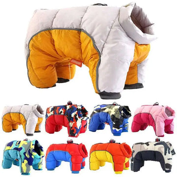 A cozy quilted pet dog winter coat in white and orange designed for cold weather protection and dog winter clothes use