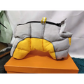 Quilted orange and white pet dog winter clothes with a puffy gray and yellow coat featuring black zipper and silver hardware