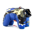 Blue and camouflage patterned quilted pet dog puffer coat offering cold weather protection in dog winter clothes category