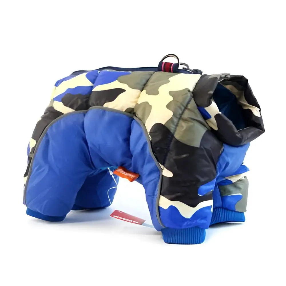 Blue and camouflage patterned quilted pet dog puffer coat offering cold weather protection in dog winter clothes category