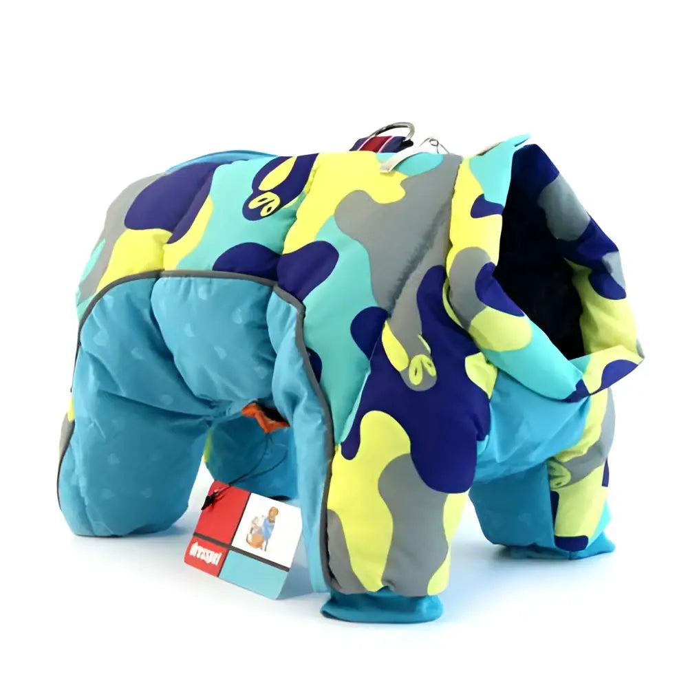 Quilted pet dog coat in vibrant teal yellow and navy camouflage providing cold weather protection and dog winter clothes
