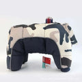 Quilted orange and white pet dog winter clothes with camouflage pattern and navy blue accents for cold weather protection