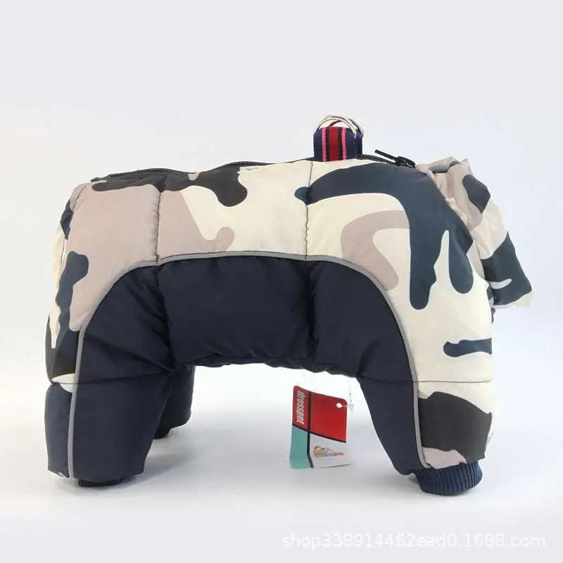 Quilted orange and white pet dog winter clothes with camouflage pattern and navy blue accents for cold weather protection
