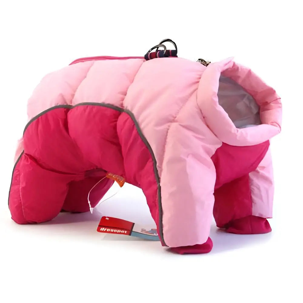 Pink and magenta quilted pet dog winter coat with black trim offering cold weather protection and style