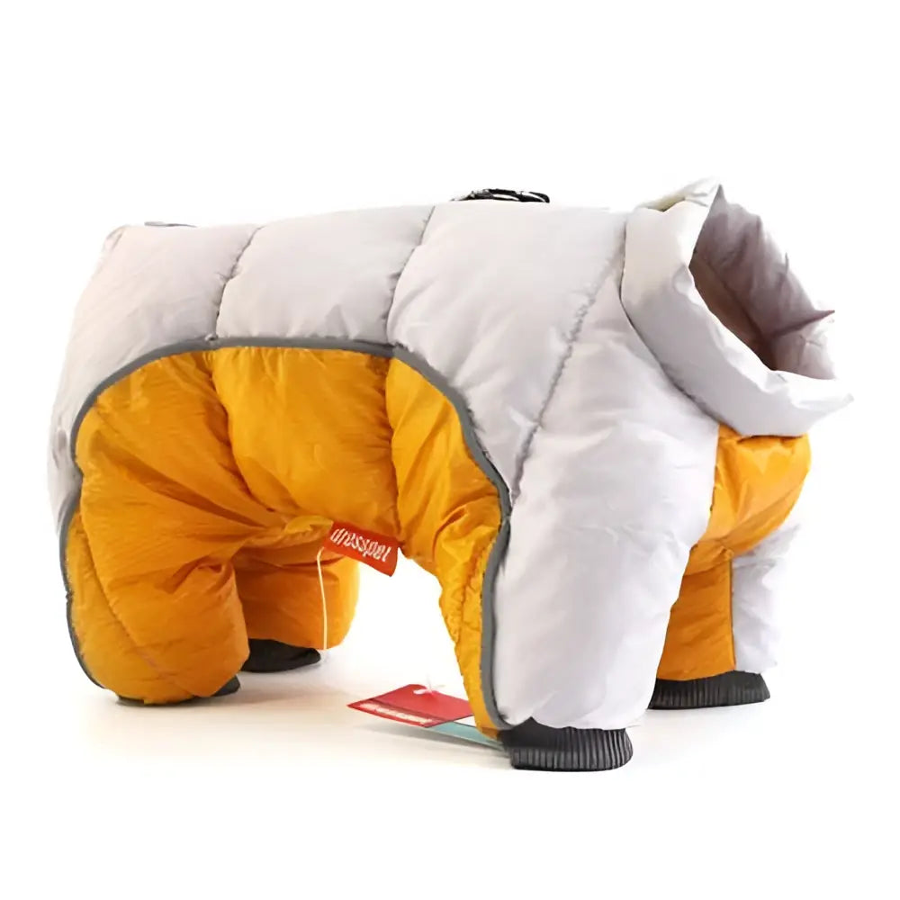 Cozy quilted pet dog winter clothes in white and mustard yellow offering cold weather protection