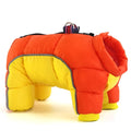 Quilted orange and white pet dog winter clothes featuring bright orange and yellow puffer coat with gray trim for cold weather protection